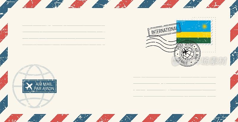 Blank air mail grunge envelope with Rwanda postage stamp. Vintage postcard vector illustration with Rwanda national flag isolated on white background. Retro style.